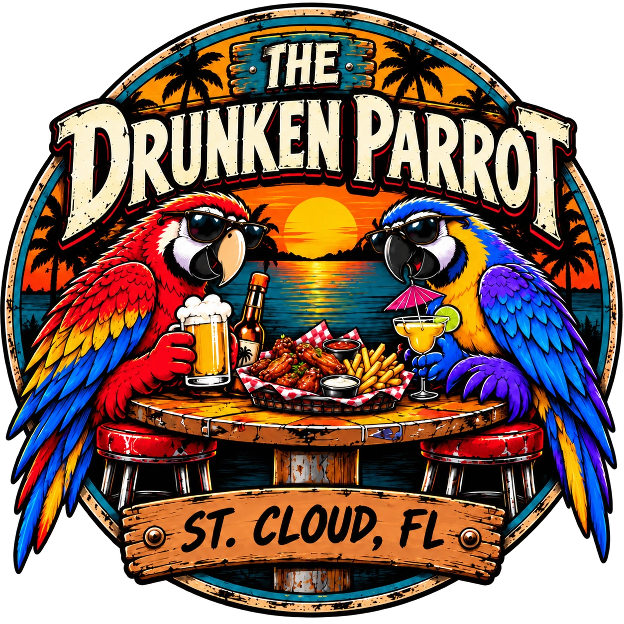 The Drunken Parrot in St. Cloud, Florida: two parrots in sunglasses at a bar table in a round tropical badge